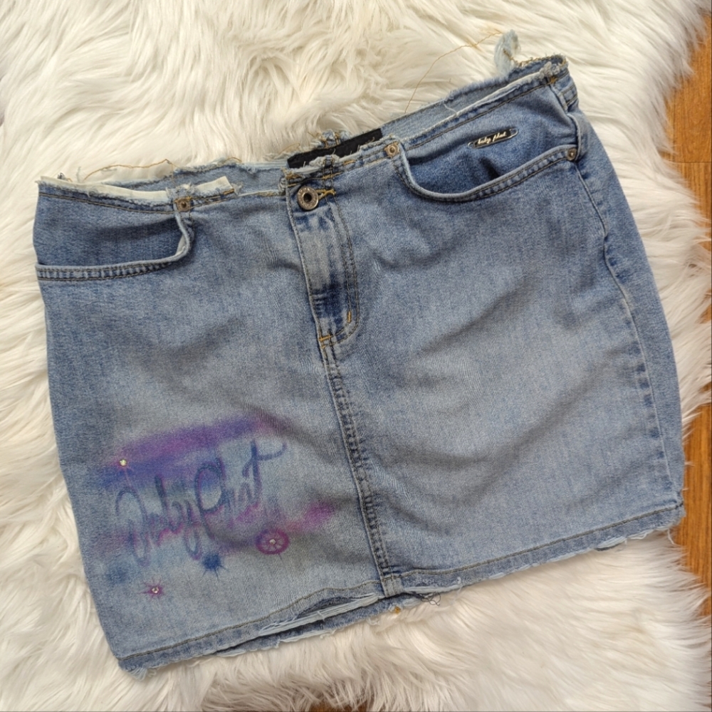 Vintage Y2K Baby Phat Distressed Denim Mini Skirt